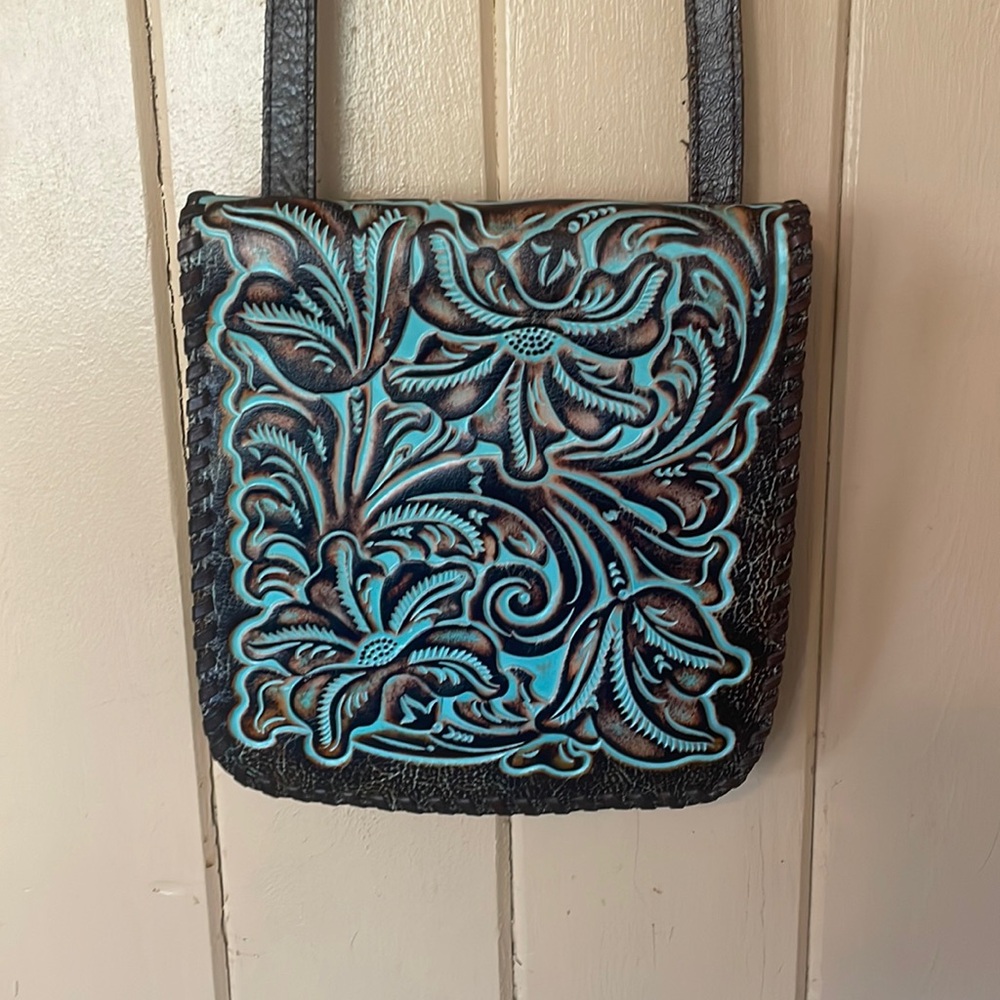Patricia Nash Granada Tooled Leather Crossbody Antique Brown Turquoise - Picture 3 of 8
